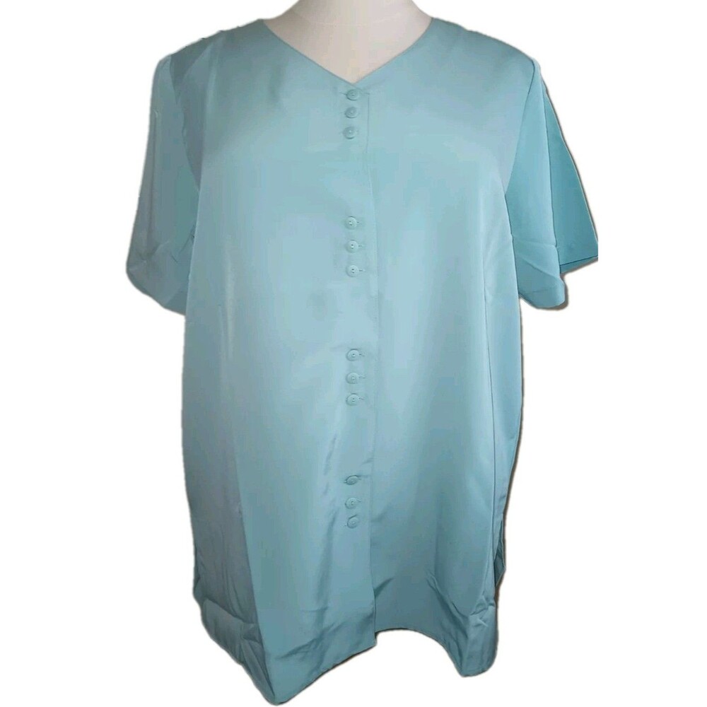 NWT Silhouettes Womens 2X Satin V-Neck Short Sleeve Button Up Solid Green Top